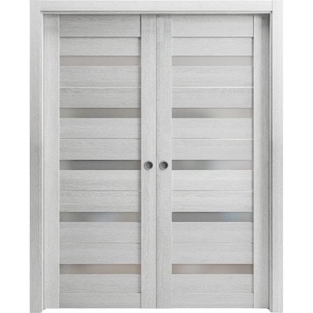 Sartodoors Sliding French Dbl Pocket Doors, 56 x 80in, Light Grey Oak W/ Frosted Glass, Kit Trims Rail Hardware QUADRO4445DP-OAK-56
